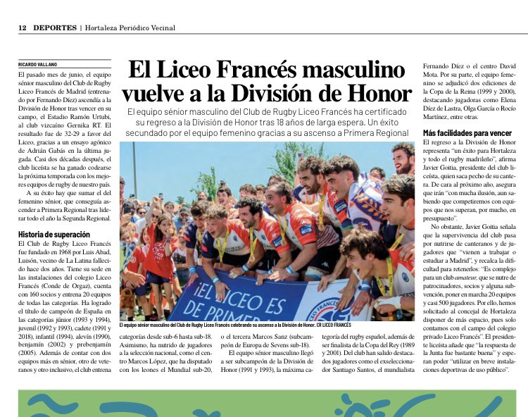 Gracias <a href="/HortalezaPV/">Hortaleza Periódico</a> por hacerse eco del ascenso del <a href="/CRLiceoFrances/">Club de Rugby Liceo Francés</a> <a href="/JMDHortaleza/">Distrito Hortaleza</a>  <a href="/davidperez/">𝔻𝕒𝕧𝕚𝕕 ℙ𝕖𝕣𝕖𝕫 𝔾𝕒𝕣𝕔𝕚𝕒</a>