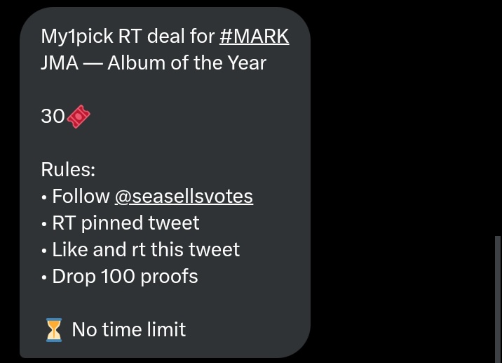 Captainmorkk's tweet image. My1pick RT deal for #MARK
JMA — Album of the Year

30🎟️

Rules:
• Follow @seasellsvotes
• RT pinned tweet
• Like and rt this tweet
• Drop 100 proofs

⏳ No time limit

#MoloVoting #มาร์คพึโหวต