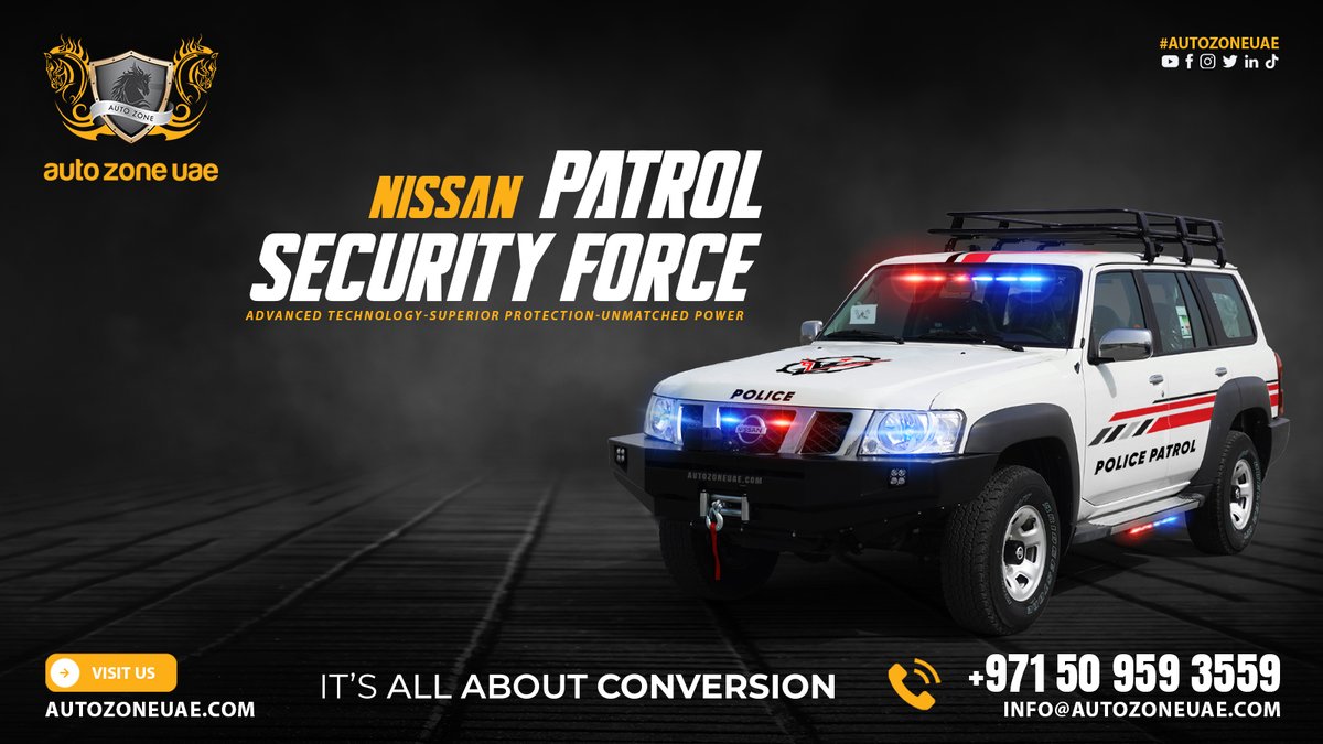autozoneuae's tweet photo. 🚔#NissanPatrol Security Force – Built for unmatched power, protection &amp; performance!
#AutoZoneUAE, the leading #specialvehicle manufacturer in Dubai, UAE, delivers advanced police patrol conversions ready for any mission.💪✨
#PoliceCar #DubaiCars #EmergencyVehicle https://t.co/45iYIHbrz4