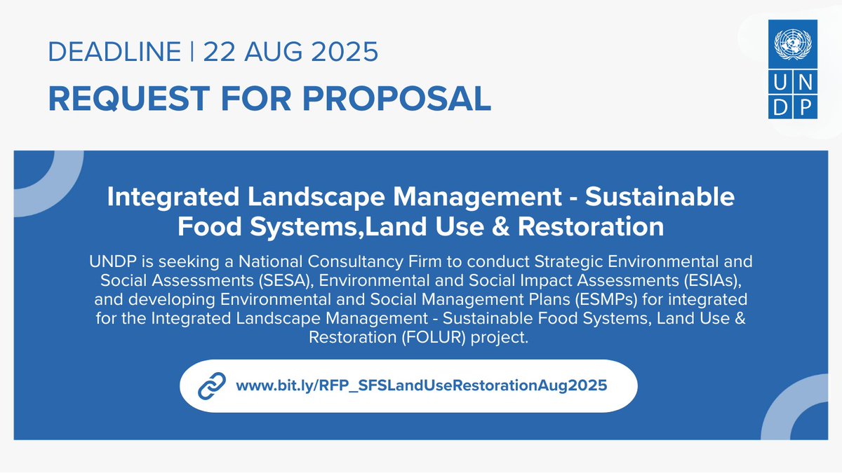 MyUNDP's tweet image. #RequestforProposal: #MyUNDP is seeking a National Consultancy Firm to conduct SESA, ESIAs, &amp;amp; developing  ESMPs for integrated for the (FOLUR) project.

🔗: bit.ly/RFP_SFSLandUse…

📆: 22 August 2025