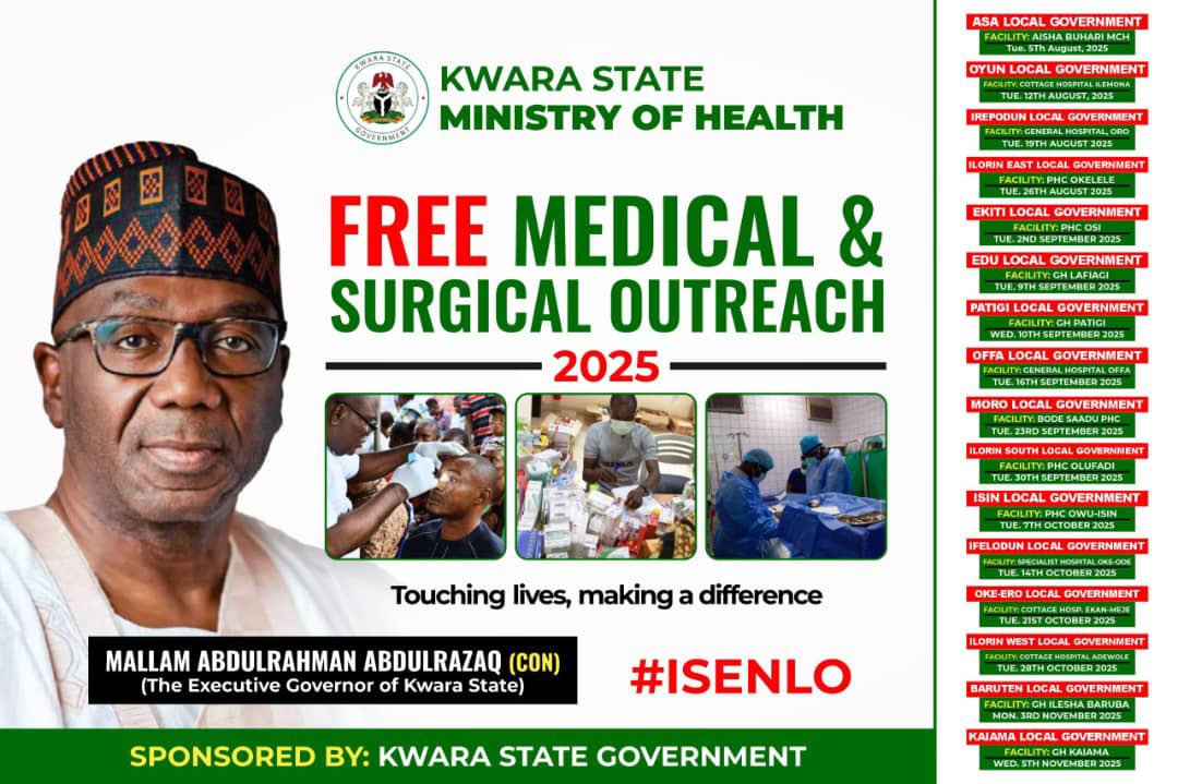 Kwara State Ministry of Health (@kwaramoh) on Twitter photo Take advantage of the <a href="/followKWSG/">Kwara State Government</a> sponsored free medical and surgical outreach ongoingβ¦
The train moves to Ilemona in Oyun Local Government todayβ¦
Tell your Family, Friends and Neighbors about this amazing health benefits. #isenlo #kwarahealthforall #freemedicaloutreach Take advantage of the <a href="/followKWSG/">Kwara State Government</a> sponsored free medical and surgical outreach ongoingβ¦
The train moves to Ilemona in Oyun Local Government todayβ¦
Tell your Family, Friends and Neighbors about this amazing health benefits. #isenlo #kwarahealthforall #freemedicaloutreach