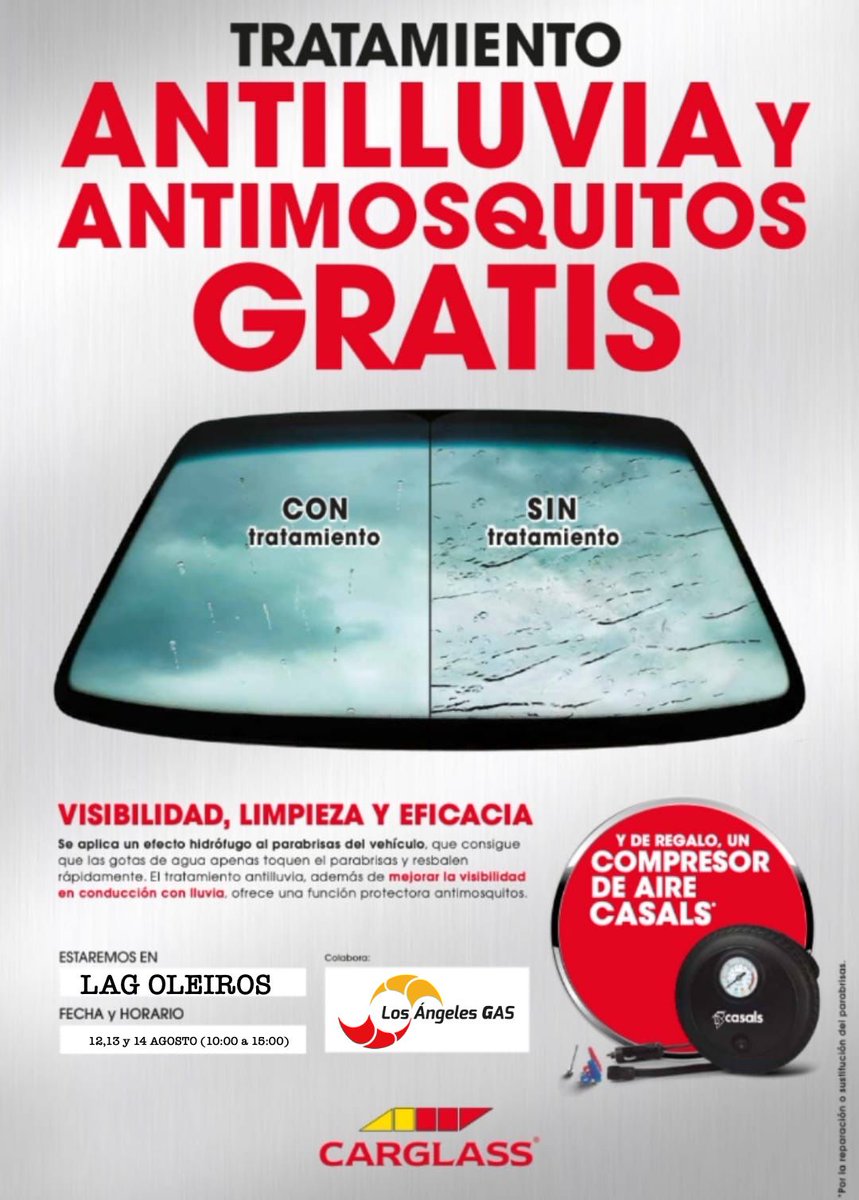 el equipo <a href="/CarglassEs/">Carglass® España</a> se desplaza esta semana a <a href="/losangelesgas/">Los Angeles Gas</a> #oleiros para preparar tu vehículo para el verano.
Tratamiento antimosquitos #gratis y además te llevas un regalo.