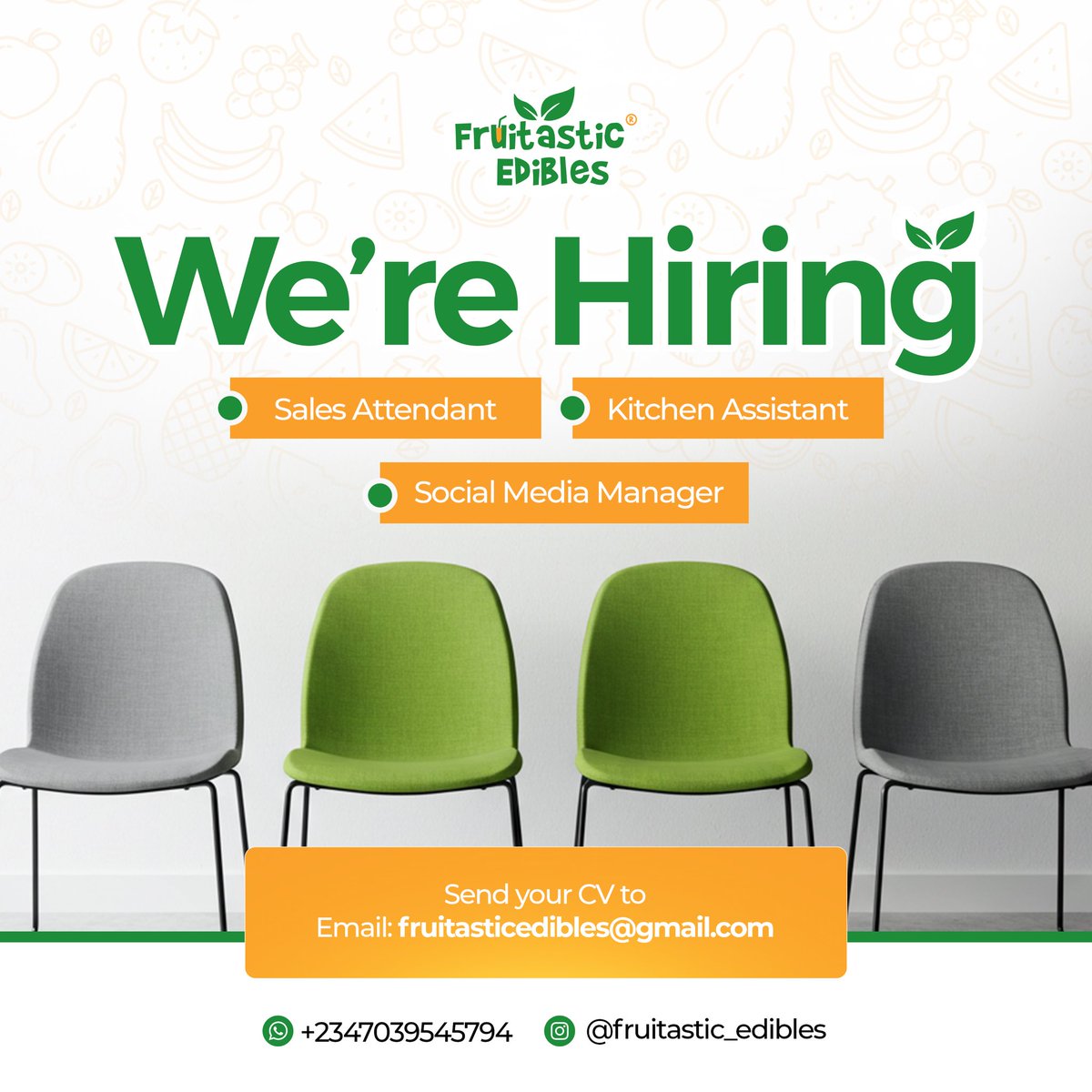 fruitastic_ed's tweet photo. WE’RE HIRING! 🍍
Love great food, good vibes, and making people smile? 
Join us and let’s make healthy living FUN! 🎉

✨ Energetic &amp; friendly?
✨ Passionate about tasty, healthy treats?
✨ Ready to grow with a buzzing brand?

📍 Osogbo 
🍹 Work with fruits. Spread joy. https://t.co/7uVOYuTzOT
