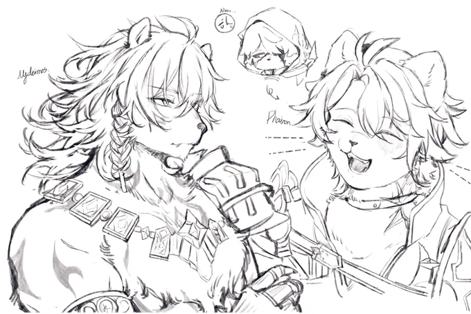 I drew what I imagine their furry forms would be like! 😊(Not CP-related)
 Mydei is a dignified lion, while Phainon is a cheerful Samoyed. 

 Though… much later, Phainon stopped smiling... 😢 I hope he can keep being a cheerful Samoyed in the new storyline.🥲 