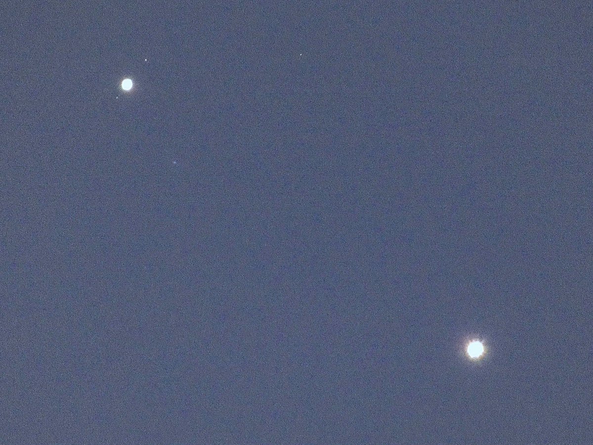 Peter Lewis (@peterlewis55) on Twitter photo Super Conjunction! Jupiter (above) and Venus less than one degree apart. Zoom in to see Jupiter's Moons. It was a close game with the clouds and daybreak which I won! <a href="/StormHour/">#StormHour</a> <a href="/ThePhotoHour/">#ThePhotoHour</a> Super Conjunction! Jupiter (above) and Venus less than one degree apart. Zoom in to see Jupiter's Moons. It was a close game with the clouds and daybreak which I won! <a href="/StormHour/">#StormHour</a> <a href="/ThePhotoHour/">#ThePhotoHour</a>