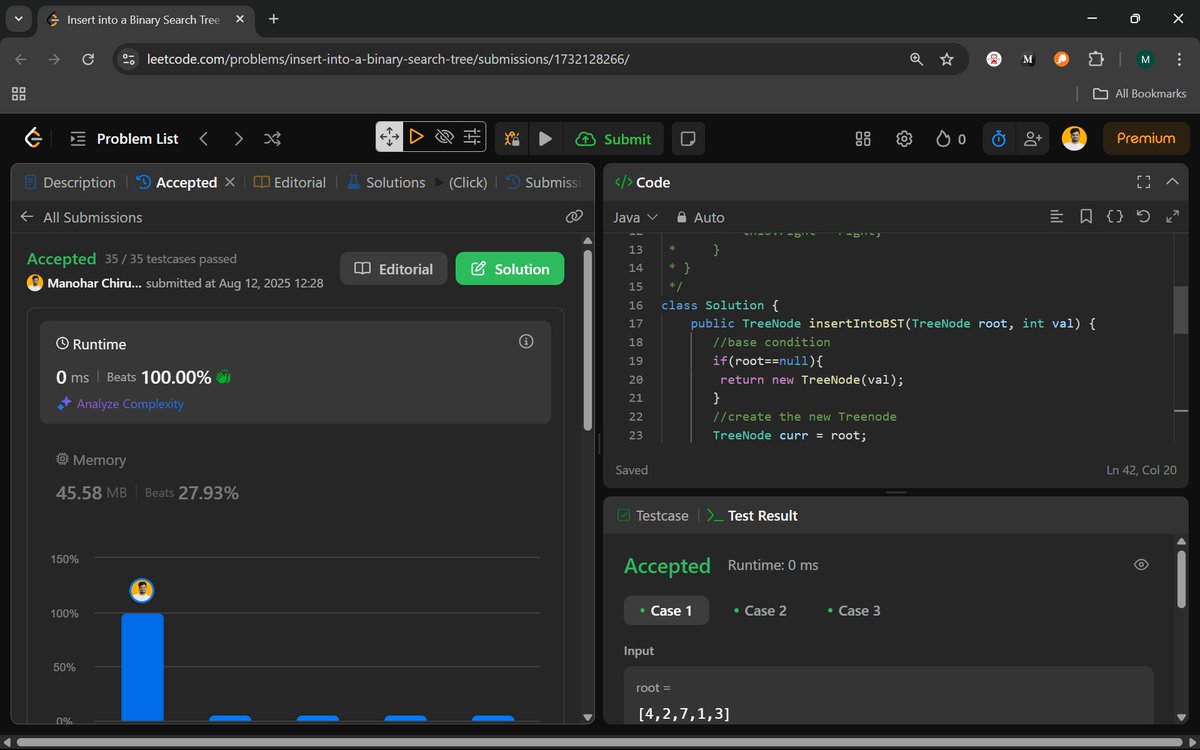 Manohar2909's tweet image. 🚀 Day 73 of #100DaysOfCodingChallenge
701. Insert into a Binary Search Tree
230. Kth Smallest Element in a BST
#Day73 #BinarySearchTree #DSA #JavaCoding #LeetCode #CodingInterviewPrep #JavaDeveloper #SoftwareEngineerLife #ProgrammerMindset #TechCareers #ProblemSolvingSkill