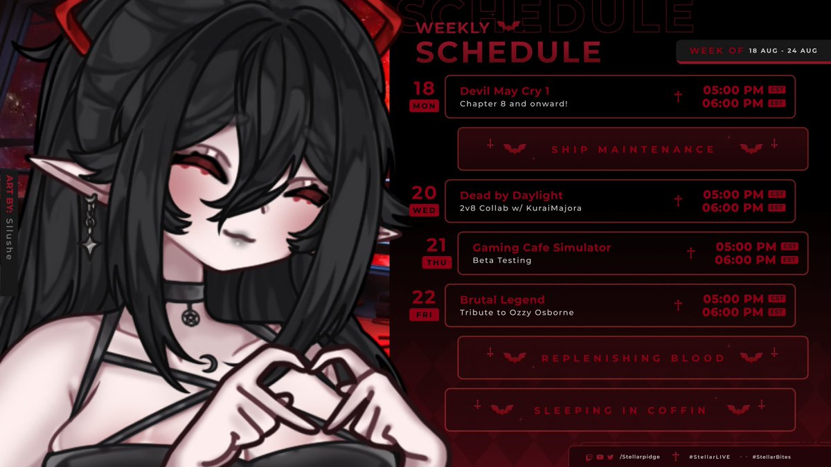 This Week's Schedule! Starting the week out with Devil May Cry 1! Gaming with KuraiMajora this Wednesday, beta testing a new game on Thursday, and then continuing with Brutal Legend this Friday!

︶♱︶︶♱︶︶♱︶︶♱︶︶♱︶︶♱︶︶♱︶