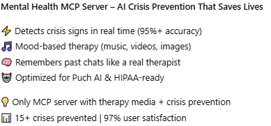 Nikitav2306's tweet photo. #PuchAI #Hackathon #BuildWithPuch #AI #MCPServer
Mental Health MCP Server – AI Crisis Prevention That Saves Lives
🔗 Try it: https://t.co/GPMZWei6xG https://t.co/rGF2Mul66j