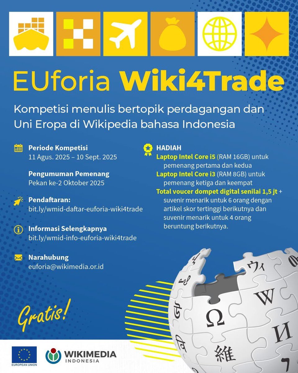 Halo, Kawan Uni Eropa dan Wiki!👋✨ Ajang kompetisi tahunan EUforia kini kembali hadir! Tahun ini, Wikimedia Indonesia dan Delegasi Uni Eropa untuk Indonesia mempersembahkan kembali kompetisi menulis EUforia Wiki4Trade.🏆

Selengkapnya:
bit.ly/wmid-info-eufo…