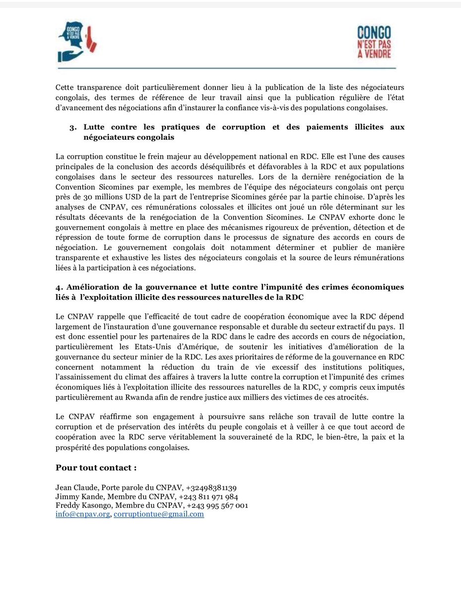Jean Claude Mputu (@mputujeanclaude) on Twitter photo Ni bradage, ni opacité, ni impunité pour les ressources naturelles du Congo. Le peuple veut et doit savoir ce qui se passe. La paix n'a pas de prix mais elle ne peut s'obtenir sans justice et dans l'impunité totale. <a href="/CorruptionTue/">Le Congo N’est Pas à Vendre.</a> appelle à la transparence et à la justice dans Ni bradage, ni opacité, ni impunité pour les ressources naturelles du Congo. Le peuple veut et doit savoir ce qui se passe. La paix n'a pas de prix mais elle ne peut s'obtenir sans justice et dans l'impunité totale. <a href="/CorruptionTue/">Le Congo N’est Pas à Vendre.</a> appelle à la transparence et à la justice dans