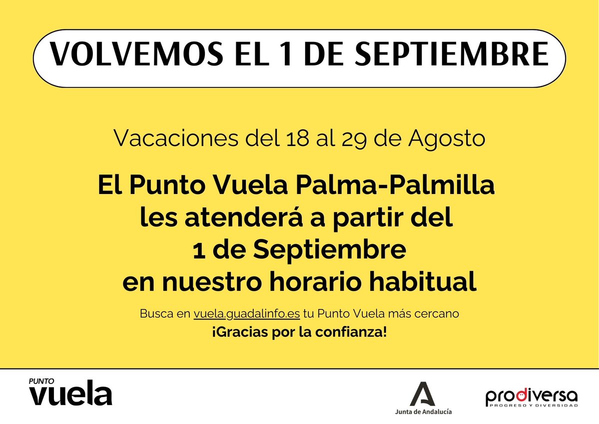 Punto Vuela PalmaPalmilla (@pvpalmapalmilla) on Twitter photo Desde el 18 hasta el 29 de Agosto estaremos de vacaciones ¡¡Volvemos el 1 de Septiembre para atenderles en nuestro horario habitual!! ¡¡Buen verano!! <a href="/PuntosVuela/">Puntos Vuela</a> <a href="/Prodiversa/">PRODIVERSA</a> <a href="/Manuel_DT/">Manuel Rodríguez</a> Desde el 18 hasta el 29 de Agosto estaremos de vacaciones ¡¡Volvemos el 1 de Septiembre para atenderles en nuestro horario habitual!! ¡¡Buen verano!! <a href="/PuntosVuela/">Puntos Vuela</a> <a href="/Prodiversa/">PRODIVERSA</a> <a href="/Manuel_DT/">Manuel Rodríguez</a>
