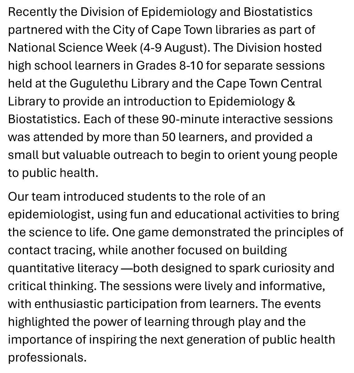 EpiBiostats_UCT's tweet image. As part of #NationalScienceWeek, our Division partnered with Cape Town libraries to host 100+ learners for sessions on #Epidemiology &amp;amp; #Biostatistics with games on contact tracing and data analysis.
Swipe to see pics and more info about the event
@UCT_news @UCT_SPH @UCTHealthSci