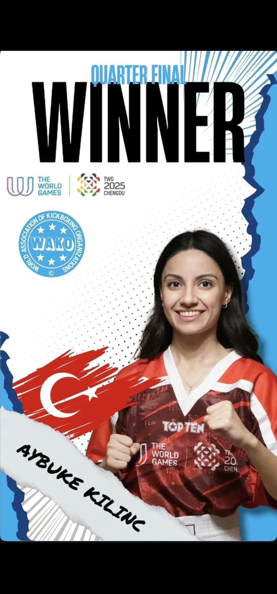 🇹🇷🥊 Çin’in Chengdu kentinde düzenlenen Dünya Oyunları’nda Aybüke Kılınç, çeyrek finalde Endonezyalı rakibini sayı nakavtı ile mağlup ederek yarı finale yükseldi.

Final için yarın ringe çıkacak sporcumuza ve Milli Takım Teknik Direktörümüz Kenan Karık’a başarılar! 💪