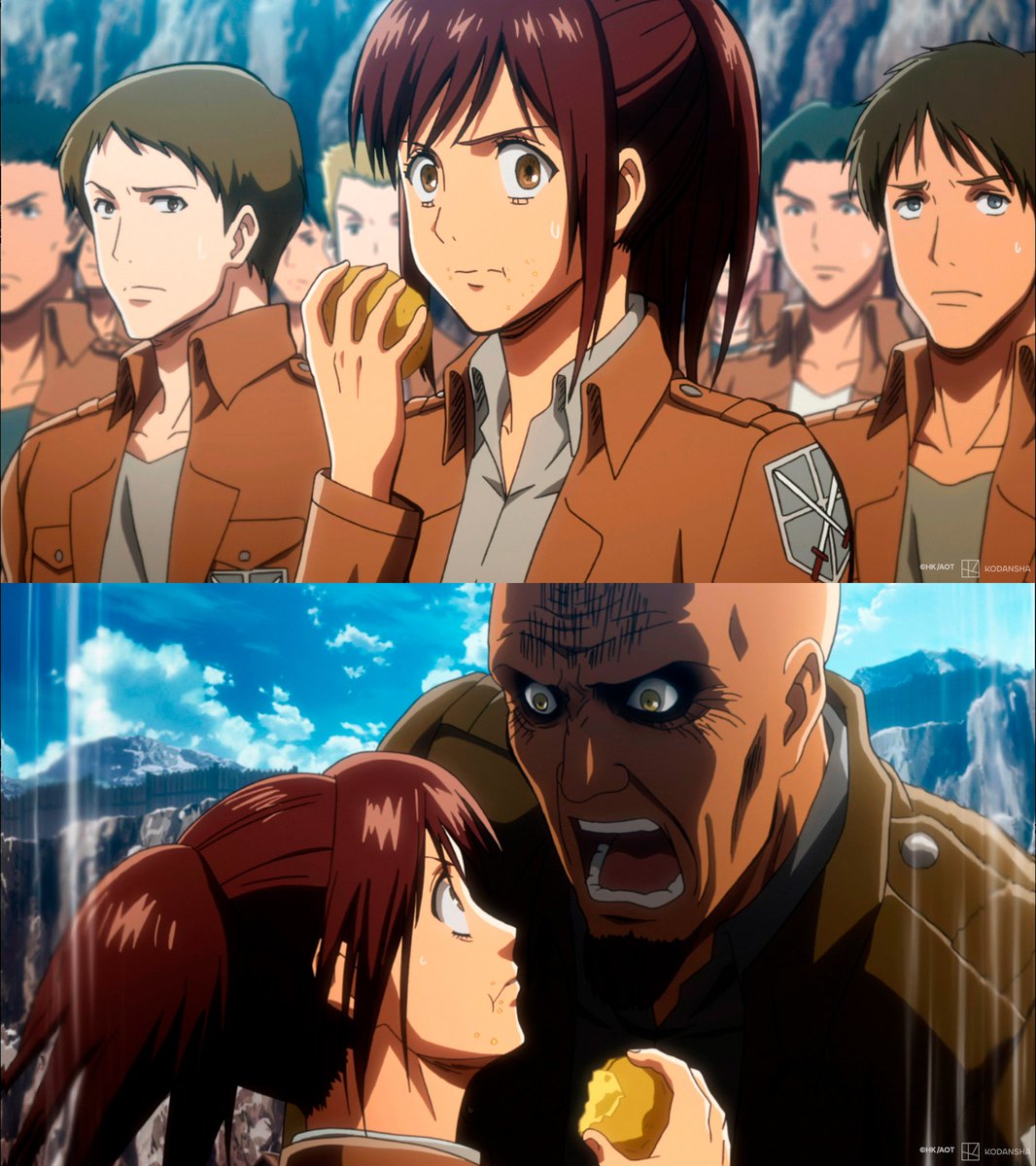 Crunchyroll's tweet image. Protect at all costs: Sasha and her snacks 🥺🥔  (via @AttackOnTitanEN)