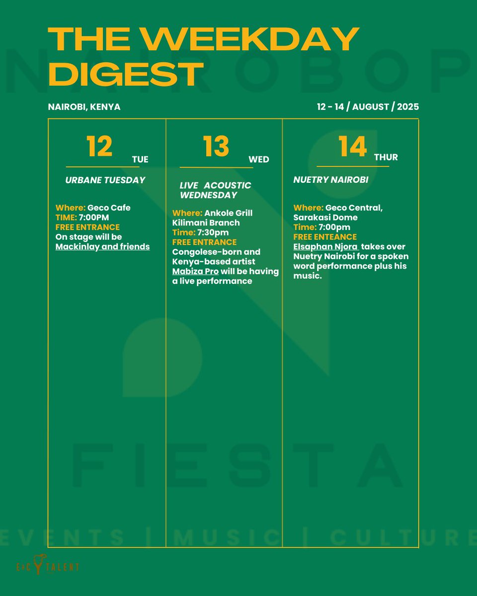 NairoBopFiesta's tweet image. The Weekday Digest is back to remind you that Nairobi doesn’t do boring
Catch an event near you during the weekdays 😃
#WeekdayDigest #NBF #MidweekMoves #WhatsOnNairobi #CuratedForTheCulture
