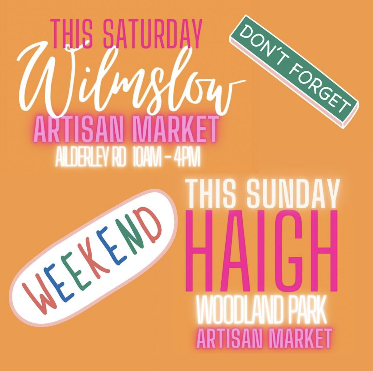 The Market Co (@_themarketco) on Twitter photo It's our absolute favourite weekend & it’s a double😍 
#wilmslowartisanmarket
🗓️Saturday 16th August
📍Alderley rd #wilmslow 
⏰10-4pm
+
#haighwoodlandparkartisanmarket
🗓️Sunday 17th August
📍Haigh Woodland Park, Stables car park #Wigan
⏰10-4pm
See you there 🥳🤩 It's our absolute favourite weekend & it’s a double😍 
#wilmslowartisanmarket
🗓️Saturday 16th August
📍Alderley rd #wilmslow 
⏰10-4pm
+
#haighwoodlandparkartisanmarket
🗓️Sunday 17th August
📍Haigh Woodland Park, Stables car park #Wigan
⏰10-4pm
See you there 🥳🤩