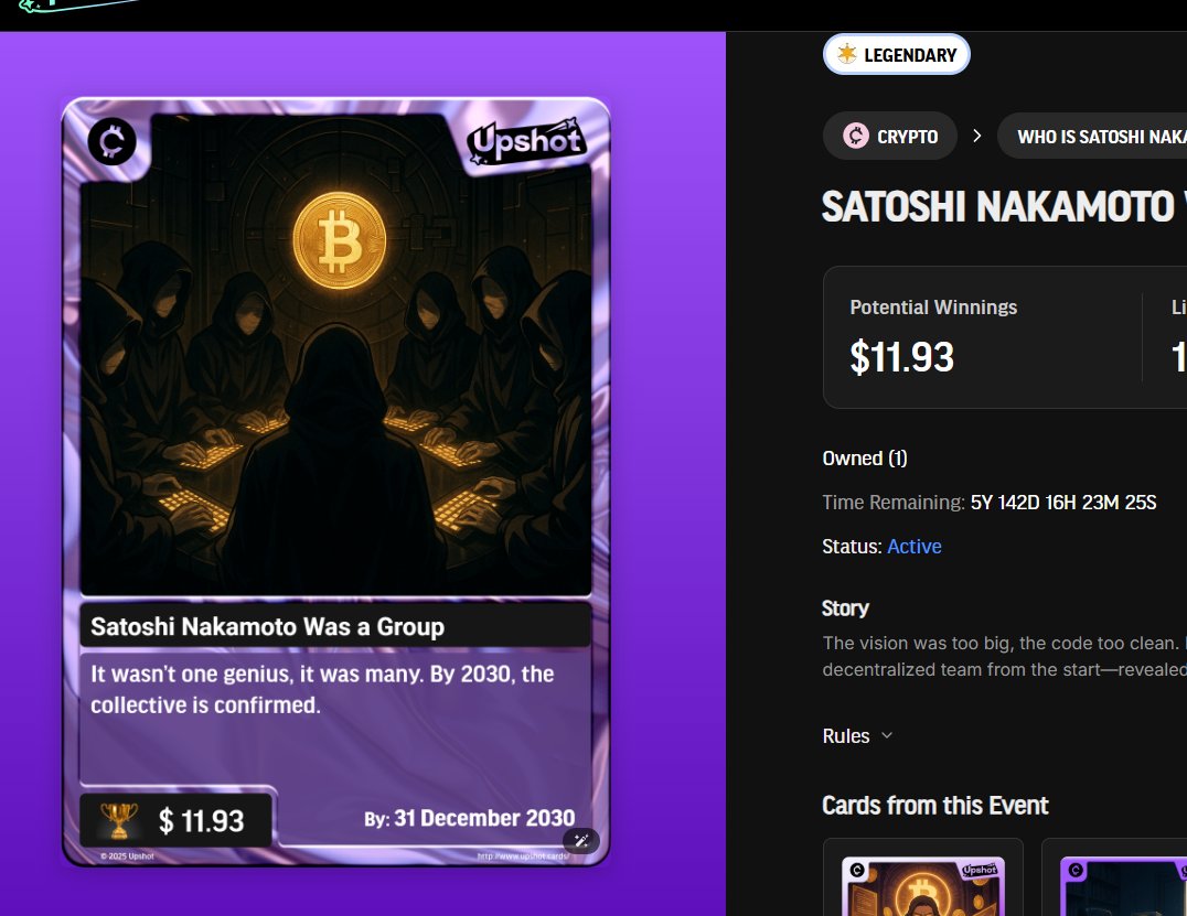 Tested out <a href="/upshot_cards/">Upshot</a> testnet yesterday!

Was fun ripping cards open
Pulled some legendary card

Site is still in very early stage, and very smooth, pretty fast transactions ( speed will be increased )

Join waitlist, if you want to be next: upshotcards.typeform.com/apply

In