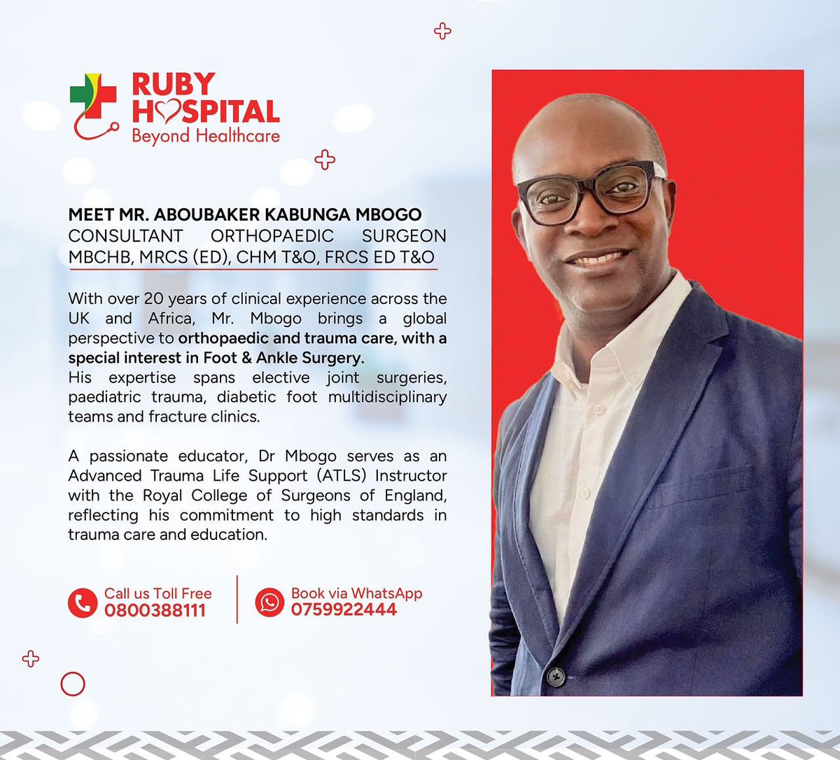 Meet one of our Orthopaedic Surgeons at Ruby Hospital, with over 20 years of clinical experience across the UK and Africa. Mr. Mbogo brings a global lens to trauma and orthopaedic care, with a special focus on Foot &amp; Ankle Surgery.

To book a consultation:
📞Call us Toll Free: