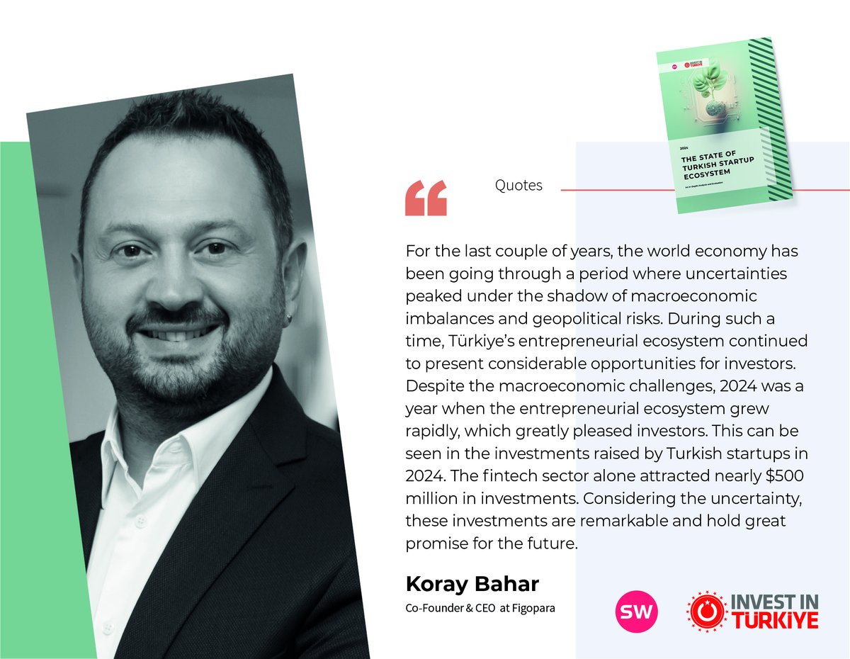 Explore Türkiye’s growing entrepreneurial ecosystem! 🚀

Figopara [<a href="/figopara/">Figopara</a>] Co-Founder and CEO Koray Bahar highlights how Türkiye’s startup scene thrived in 2024, with fintech alone attracting nearly USD 500 million in investments despite global uncertainties.

Access more at
