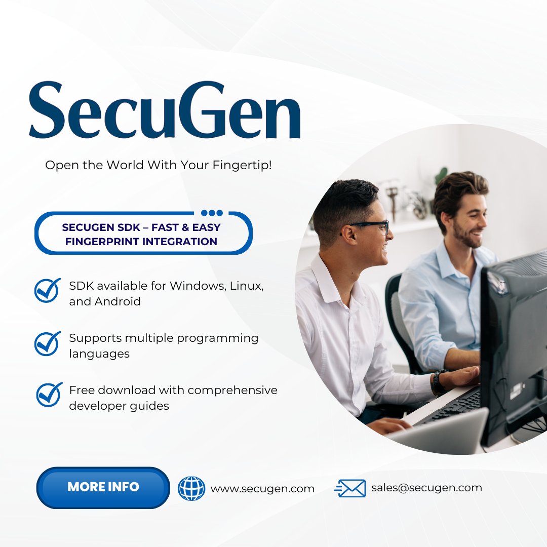 SecuGenCorp's tweet image. 🚀 Build fingerprint features faster!

The SecuGen SDK is:
✔ Cross-platform (Windows, Linux, Android)
✔ Multi-language support
✔ Free + developer guides included

#SecuGen #fingerprintrecognition #sdk #biometrics  #crossplatform #developertools