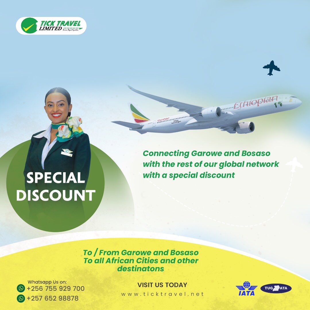 ticktravelug's tweet photo. Connecting Garowe and Bosaso with the rest of our global network with a special discount. Book your Trip TODAY!#TickTravel #servicebeyondexpectation #EthiopianAirlines #GoldenHour #trending #Uganda #LuxuryTravel #VisitDubai #VisitDubai #SaveBig #FlightDeals #love https://t.co/HJygAYieNV