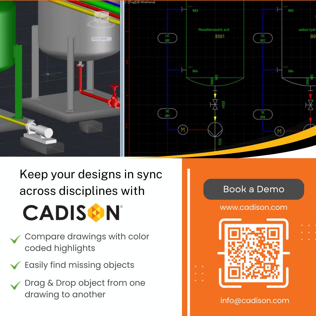 CADISON3D's tweet image. Improve the design #consistency between your #PIDs, #Schematics and #3D drawings with #CADISON. Easily compare your drawings side-by-side to ensure every detail, placement &amp;amp; connection of an #object is graphically synchronized! Book a #demo now: cadison.com/en/demo-request