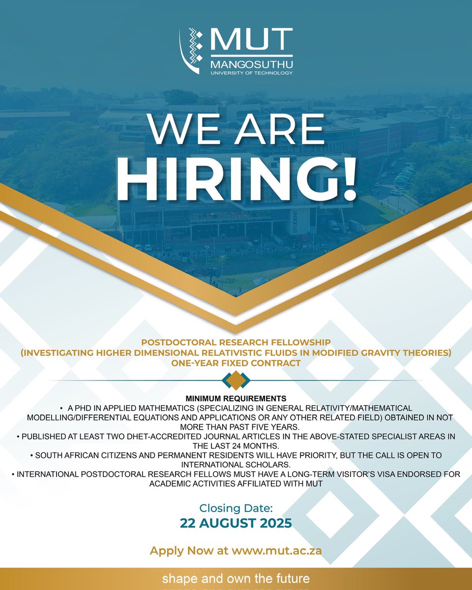 MUTCampus's tweet photo. 🚨 Job Vacancy: PostDoctoral Researcher

We’re hiring! MUT is looking for a suitable candidate to fill the role of a PostDoctoral Researcher

📍 Location: MUT
📅 Closing Date: 22 August 2025
🔗 Apply here: https://t.co/BkKiWyLXbr

Be part of the MUT team!
#JobOpportunity https://t.co/2Khd4XKney