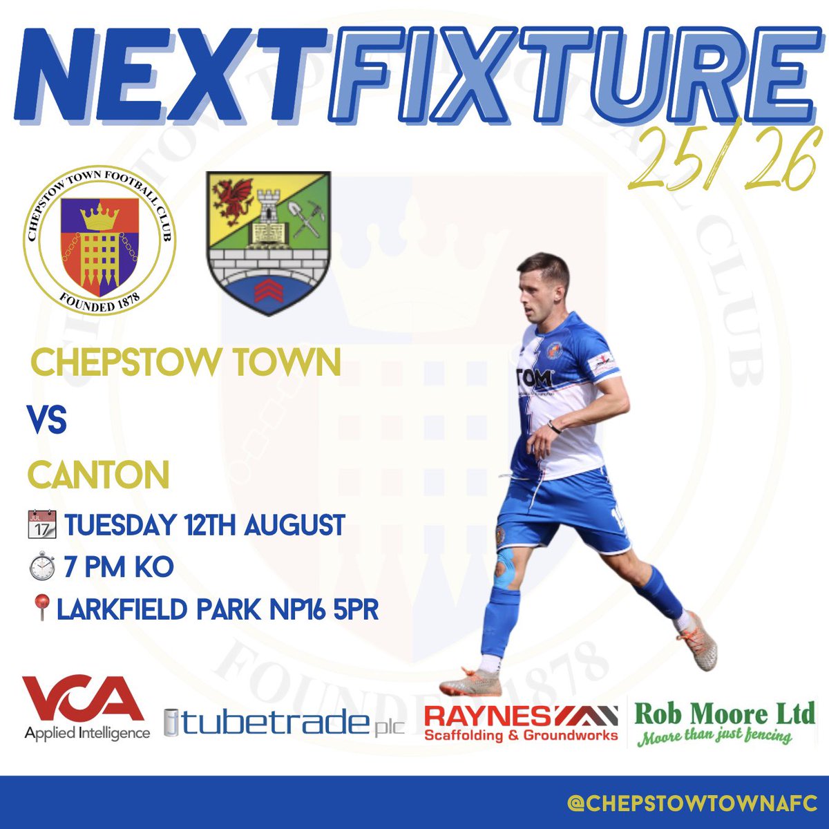 Chepstow Town A.F.C (@chepstowtownafc) on Twitter photo We’re back in action tonight as we take on <a href="/CantonFballClub/">Canton Football Club</a> at Larkfield Park!
📅 Tuesday 12th August
🕖 Kick-off: 7:00 PM
📍 Larkfield Park, NP16 5PR We’re back in action tonight as we take on <a href="/CantonFballClub/">Canton Football Club</a> at Larkfield Park!
📅 Tuesday 12th August
🕖 Kick-off: 7:00 PM
📍 Larkfield Park, NP16 5PR
