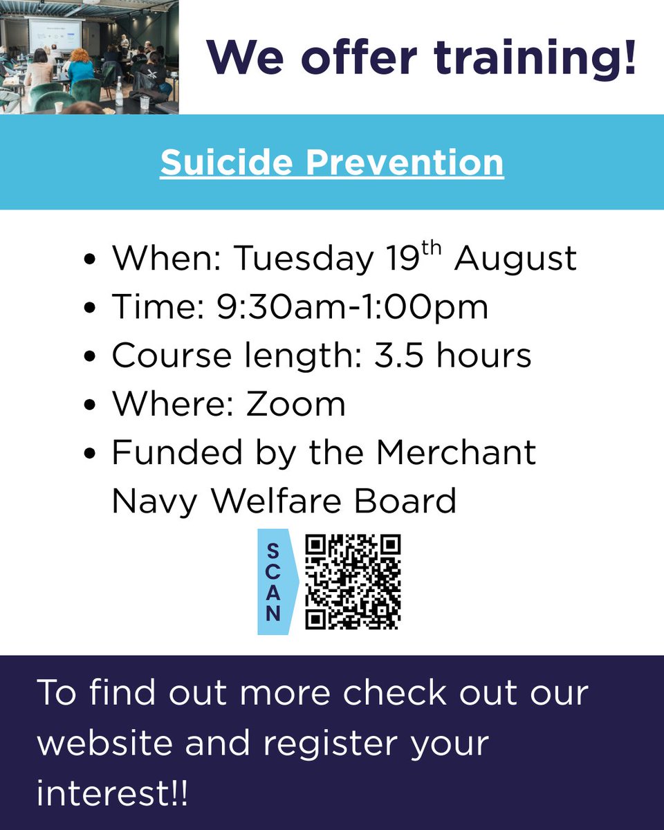 MNWBUK's tweet image. Get ready for next week! 🎉

We are holding a training course!
📚 Suicide Prevention
📆 19th August
🕒 9:30am
📍Zoom

Register your interest today!
🔗 mnwb.org/course/suicide…

#trainingcourse #onlinetraining #trainingopportunities