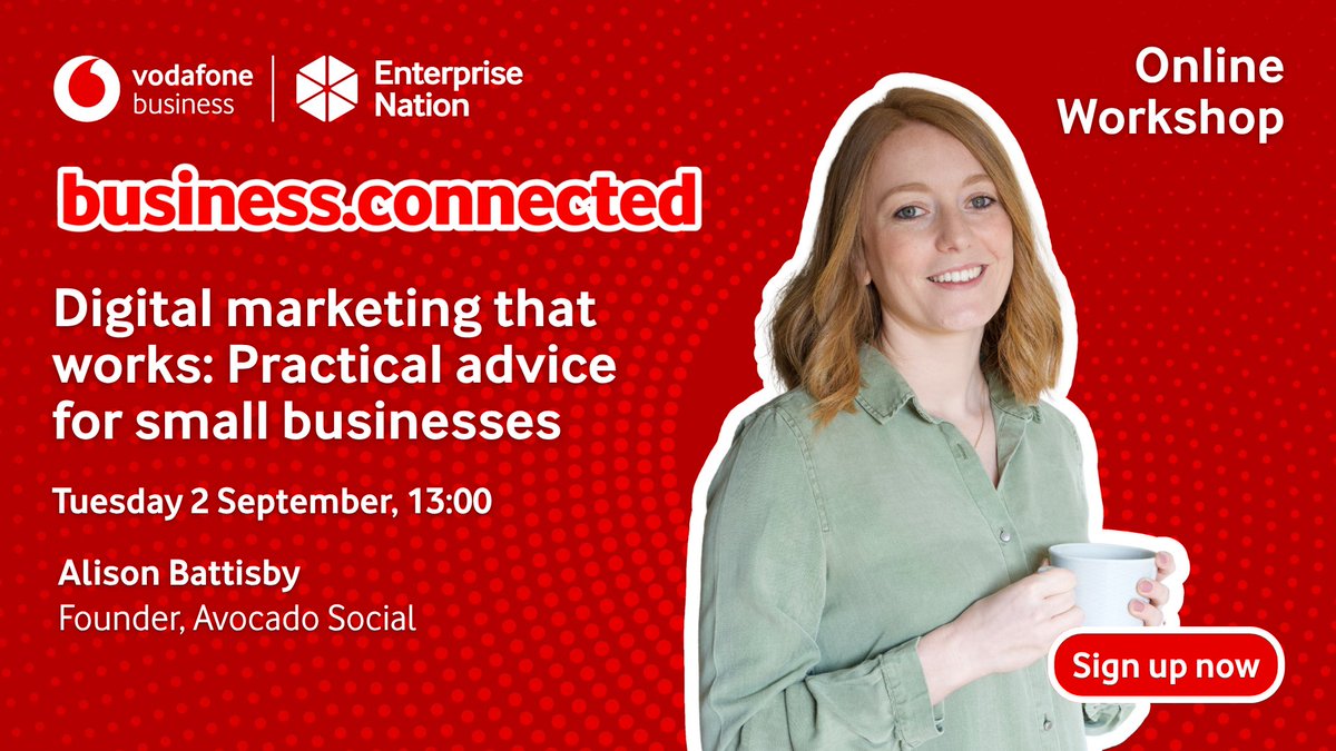 Looking to grow your business? 🚀

Join this free workshop with <a href="/Alisonbattisby/">Alison Battisby 🥑</a> on 2 September to master the basics of SEO, social media and email marketing, and explore low-cost tools to promote your business effectively.

Sign up ➡️ ow.ly/mAHZ50WinSt 

<a href="/VodafoneUKBiz/">Vodafone Business UK</a>