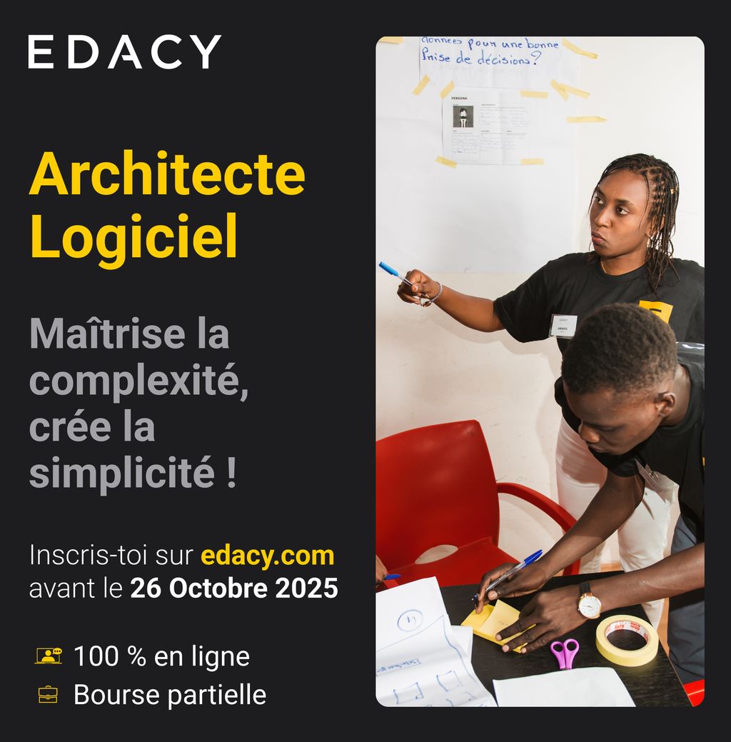 EDACYHQ's tweet photo. Avant la première ligne de code, il y a le plan. Devenez l'architecte ! 🏗️
Notre programme Architecte Logiciel vous apprend à maîtriser la complexité pour créer des systèmes simples, robustes et scalables.

Formation 100% en ligne pour les dev seniors de 🇸🇳🇨🇮🇧🇯🇹🇬. Bourses dispo ! https://t.co/19dGW4LHux