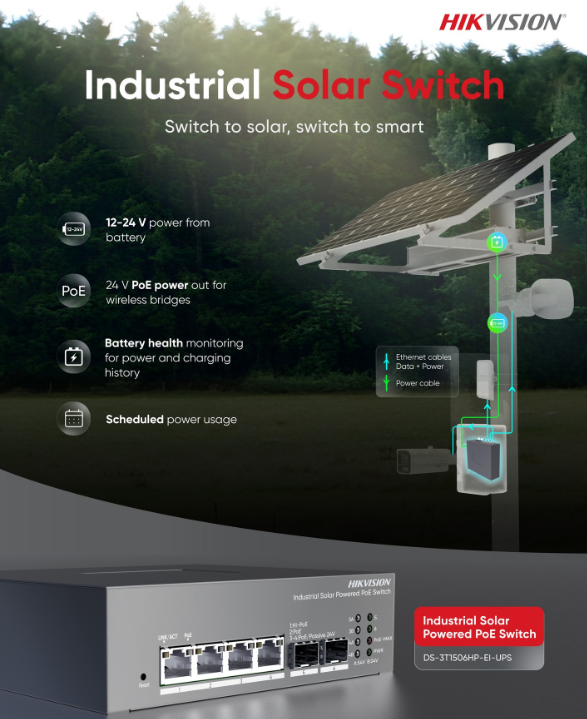 ViosecSystems's tweet photo. ✨ Introducing the #Hikvision Industrial Solar Powered PoE Switch! 🌞🔌

With 12-24V power sourced from a reliable battery, it effortlessly provides 24V output for wireless bridges. 🛠️

#cctv #security #securitydistributor https://t.co/T8KPYCIbIZ