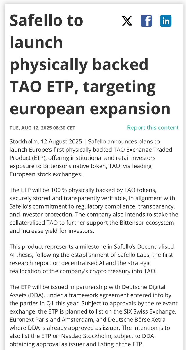 MLImoritz's tweet image. Safello brings $TAO to Europe 🚀

Today we announced our plans to increase accessibility to TAO investments by listing TAO backed exchange traded products (ETP) across five exchanges in Europe.

This opens up for non crypto native investors and institutions who wish to get…