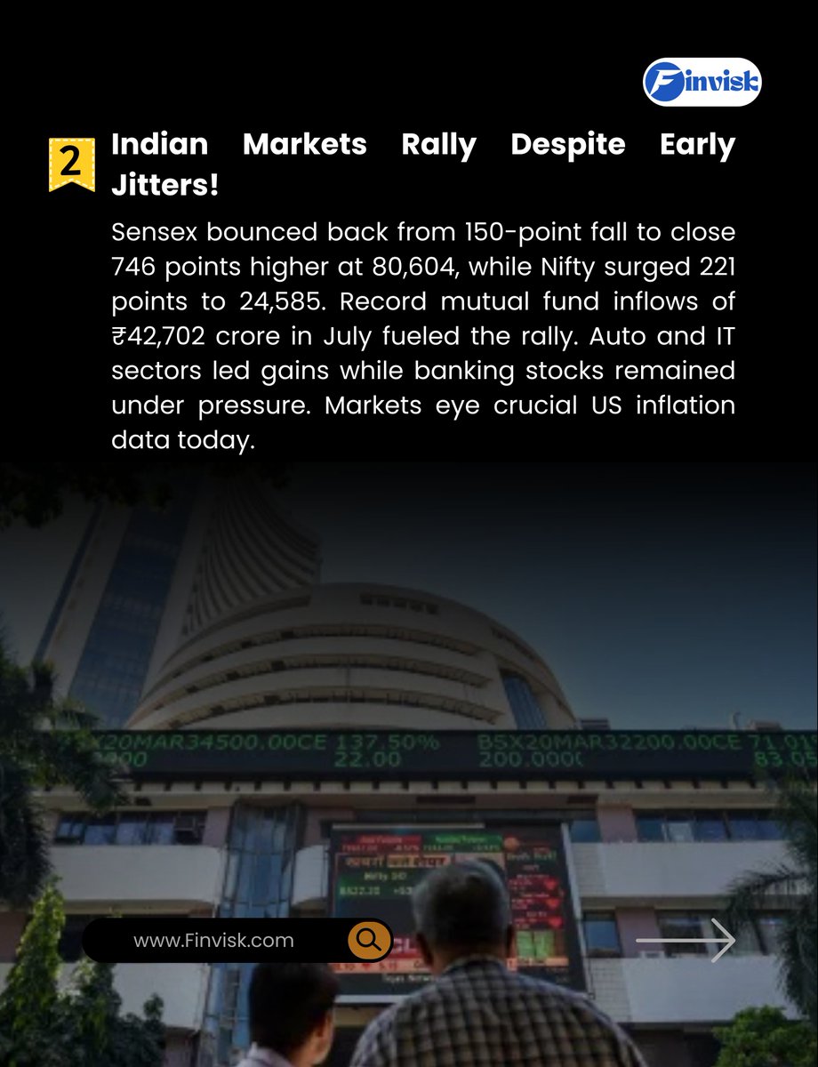 Finvisk_by_vkg's tweet photo. Market Update Aug 12 📊

1. JSW Cement IPO frenzy
2. Sensex &amp; Nifty rebound
3. PNB’s ₹30L-cr target
4. US-China truce extended
5 .Bitcoin retreats

#MarketUpdate #Finance #IPO #Crypto #JSWIPO #Sensex @Bitcoin #uschinatrade #GAIB #DoubleUp https://t.co/EAED3PuEIS