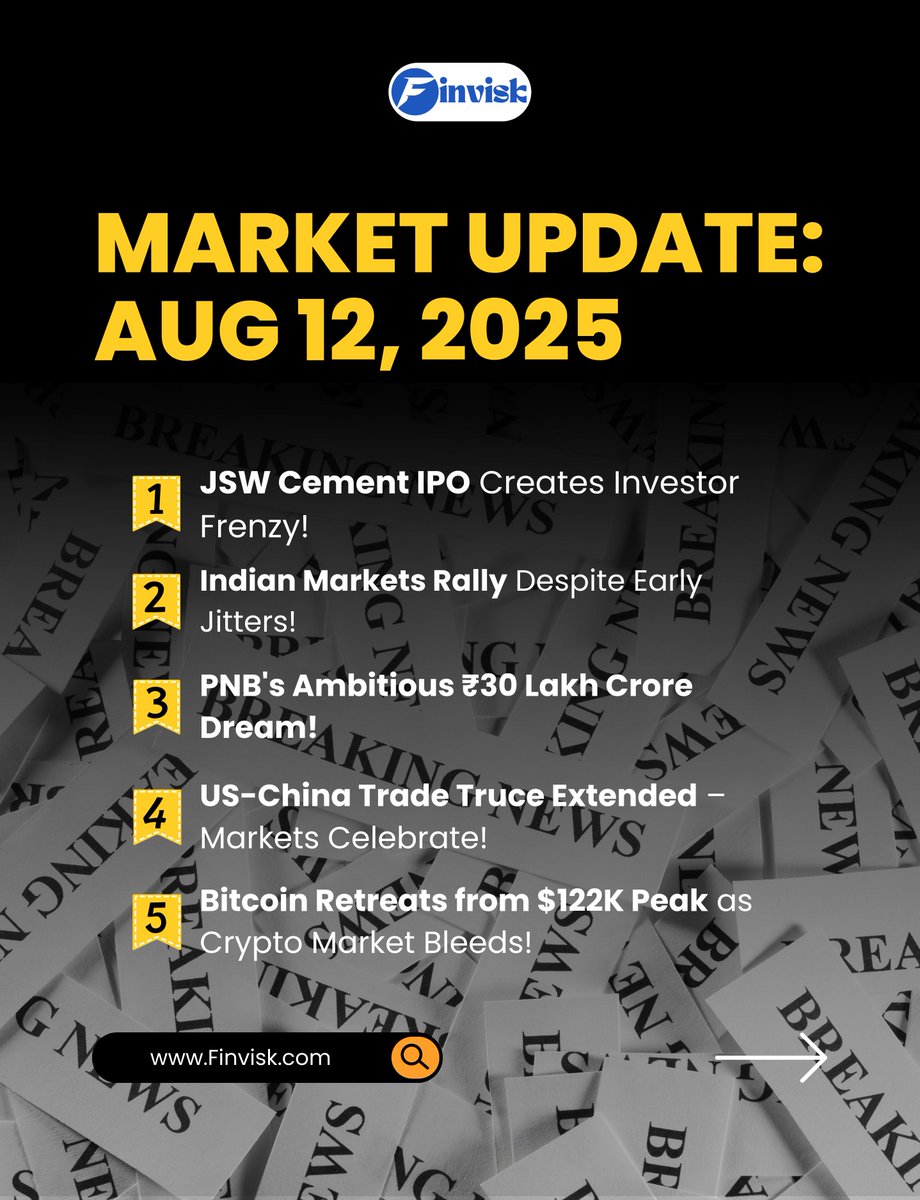 Finvisk_by_vkg's tweet photo. Market Update Aug 12 📊

1. JSW Cement IPO frenzy
2. Sensex &amp; Nifty rebound
3. PNB’s ₹30L-cr target
4. US-China truce extended
5 .Bitcoin retreats

#MarketUpdate #Finance #IPO #Crypto #JSWIPO #Sensex @Bitcoin #uschinatrade #GAIB #DoubleUp https://t.co/EAED3PuEIS