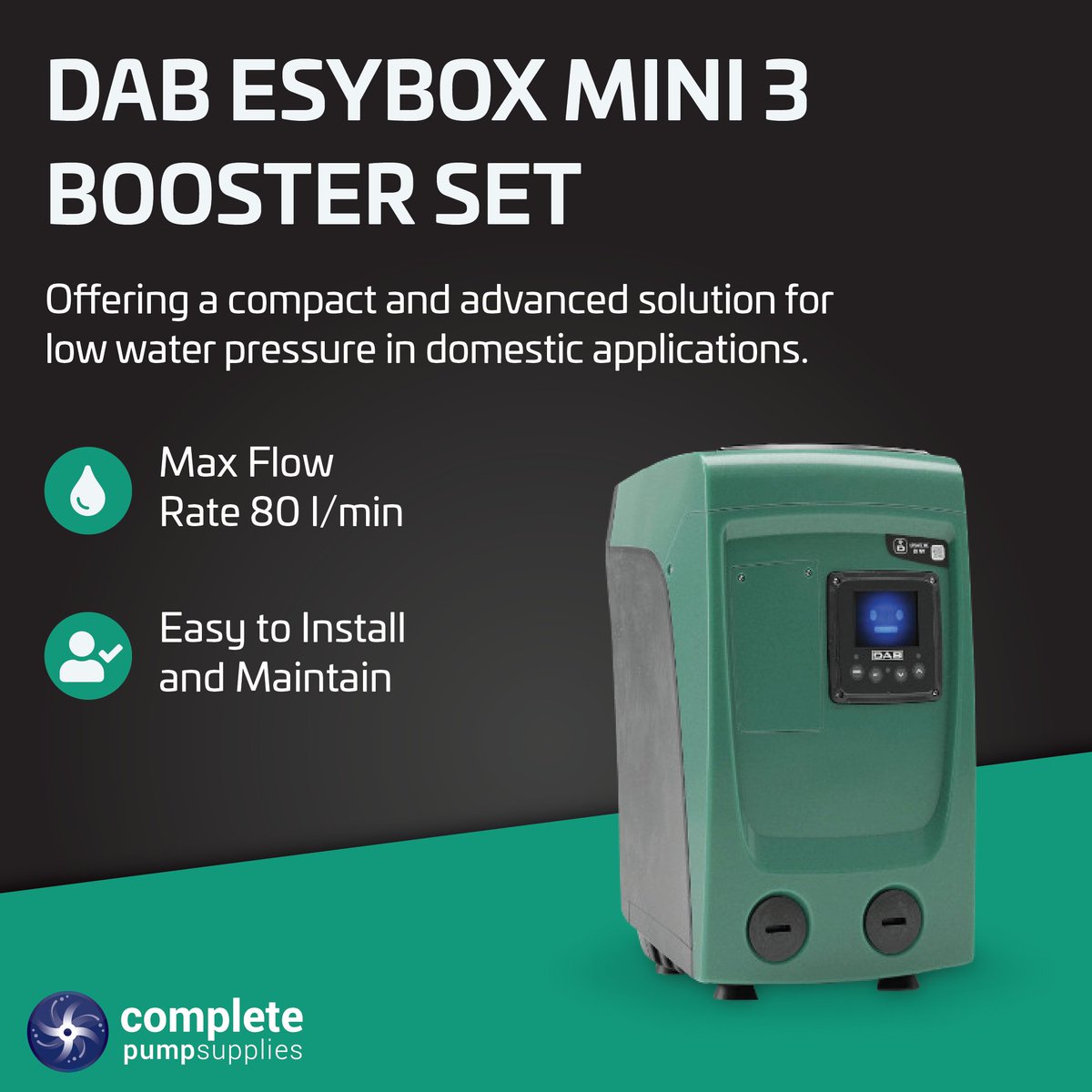 The DAB Esybox mini 3 is a compact single pump booster set, designed for increasing water pressure in domestic appliances. ESYBOX Mini provides a new installation experience, whisper-quiet running and energy consumption optimisation.

Shop today 👉 loom.ly/uOc7Txw
