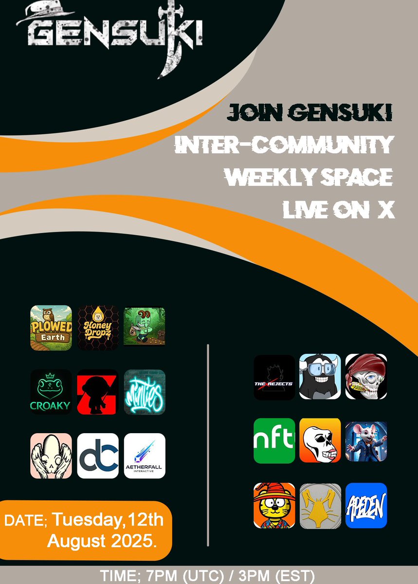 Gm Degens🤗

Hop into our inter-community Space <a href="/Gensuki_/">GENSUKI</a> 🌟 Come vibe and share ideas!

Set Reminder: x.com/i/spaces/1RDGl…

<a href="/NoUseNFT/">No.Use NFT</a> 
<a href="/MintiesNFT/">Minties</a> 
<a href="/PlowedEarth/">Plowed: Earth</a> 
<a href="/ZombabieZ_nft/">ZombabieZ NFT</a> 
<a href="/HoneyDropzNFT/">HoneyDropz 🍯🐻</a> 
<a href="/DataCore_Ai/">DataCore AI</a> 
<a href="/Aetherfall_HQ/">Aetherfall Interactive 🎮</a> 
<a href="/peculiarsinc/">PECULIARS</a> 
<a href="/VentureMindAI/">VentureMind AI</a> 
<a href="/RJCTD_Clubhouse/">The Rejects</a>