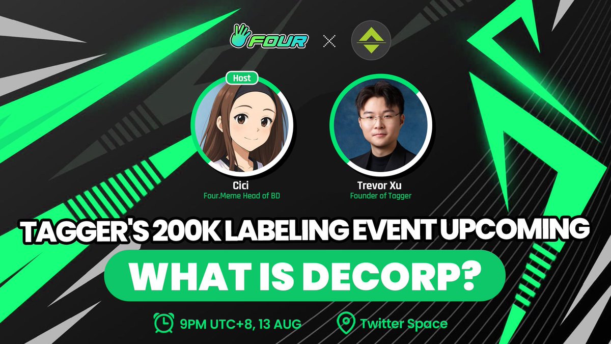 four_meme_'s tweet image. 🚀 What is DeCorp — and why is $200K on the line?

Join Four.meme × @TaggerAI for an exclusive AMA on the upcoming $200K Two-Week DeCorp Data Labeling Event.

From Aug 14–28, Tagger will distribute ~$14.3K in $TAG daily to data labelers — putting on-chain incentives…