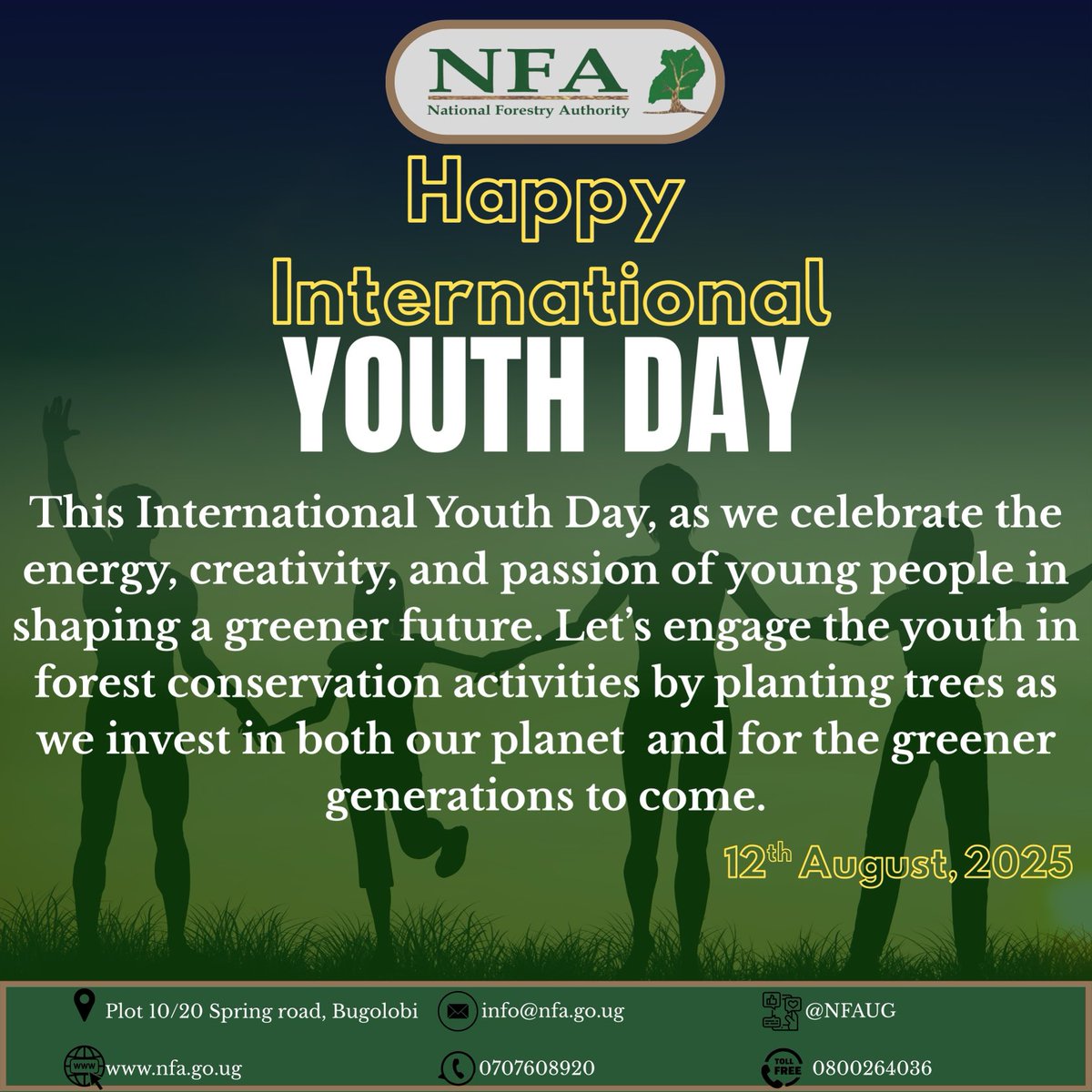Today, on International Youth Day, the ⁦<a href="/NFAUG/">National Forestry Authority-Uganda</a>⁩ proudly celebrates the strength, creativity, and passion of our youth. You are not just the leaders of tomorrow, you are the changemakers of today