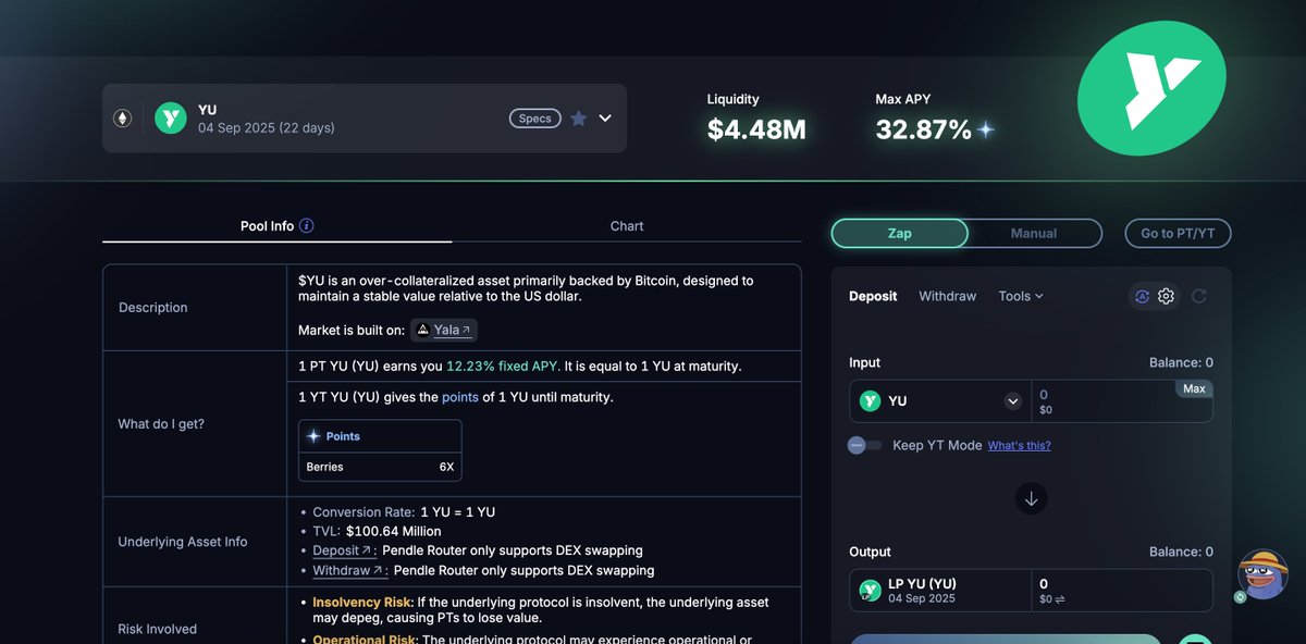 yalaorg's tweet image. Yala yields on @pendle_fi now exceed 32.87% in APR ⚡️

Buy YT-YU or become an LP on Pendle today to rake in yields and a 6x Berry count.

app.pendle.finance/trade/pools/0x…

What are you waiting for, Yeti?