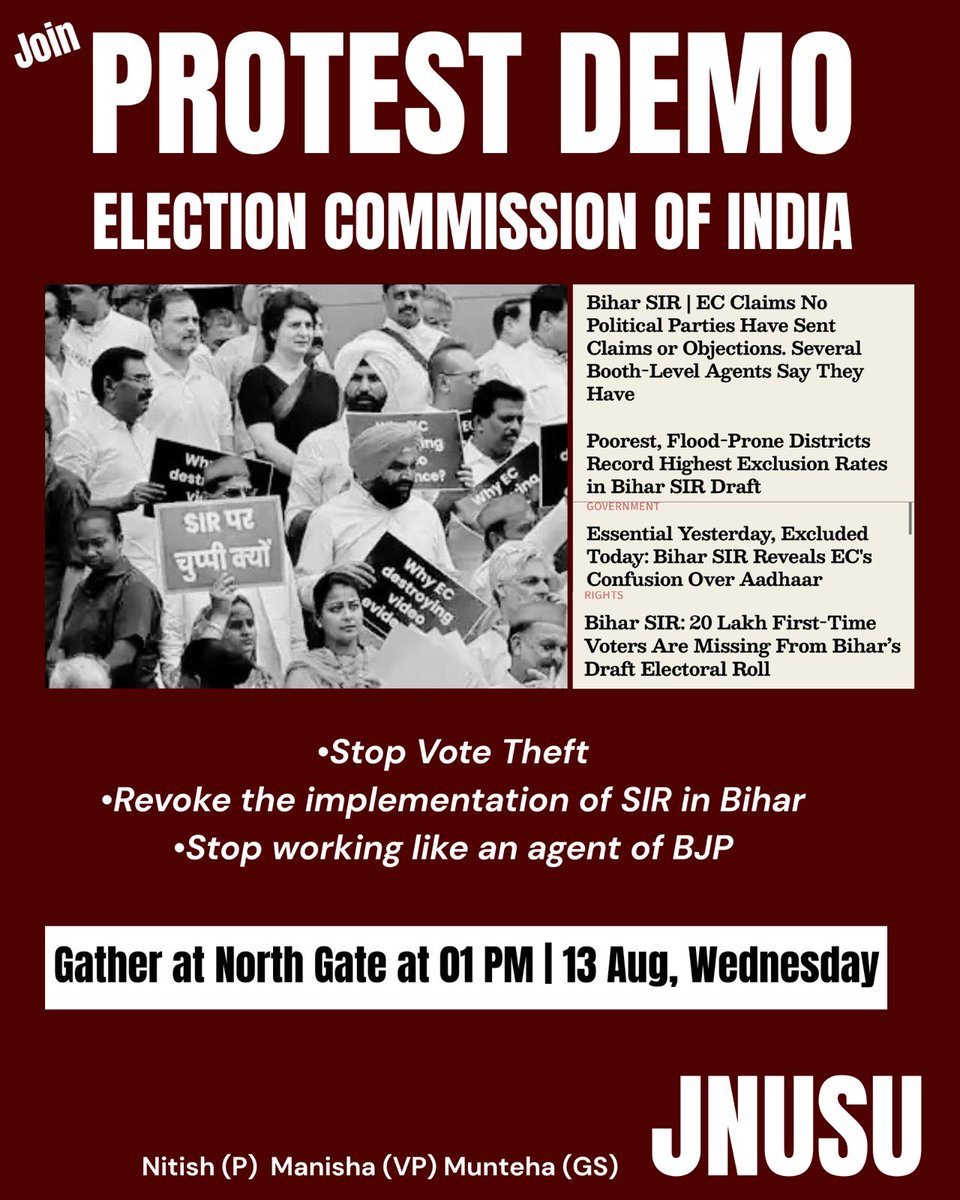 JNUSU Official (@jnusu_official) on Twitter photo Join #JNUSU Protest Demo at <a href="/ECISVEEP/">Election Commission of India</a> Election Commission of India.
• Stop Vote Theft
• Revoke the implementation of SIR in Bihar
• <a href="/ECISVEEP/">Election Commission of India</a> stop working like an agent of <a href="/BJP4India/">BJP</a> Join #JNUSU Protest Demo at <a href="/ECISVEEP/">Election Commission of India</a> Election Commission of India.
• Stop Vote Theft
• Revoke the implementation of SIR in Bihar
• <a href="/ECISVEEP/">Election Commission of India</a> stop working like an agent of <a href="/BJP4India/">BJP</a>