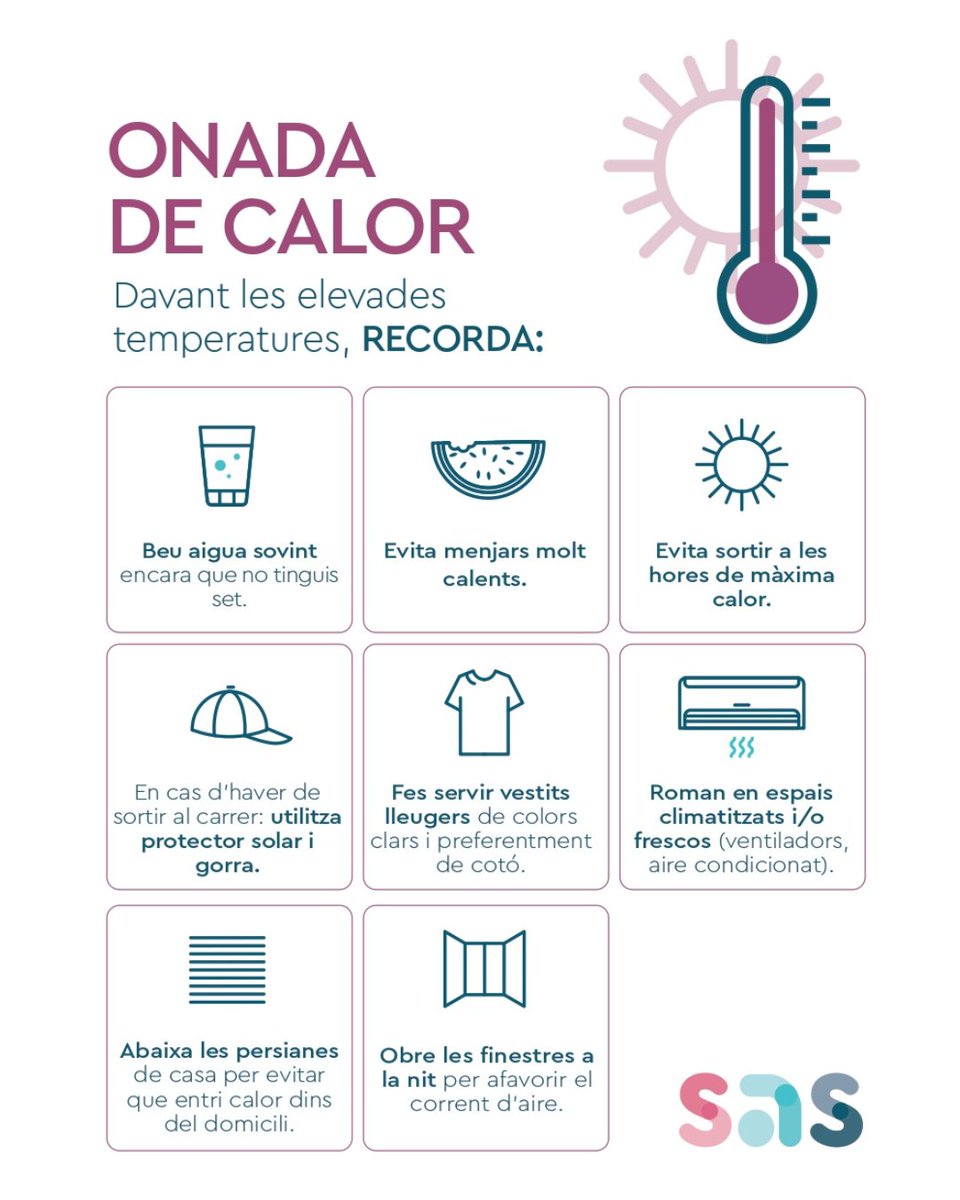 ONADA DE CALOR | Aquests dies, les temperatures són especialment altes. 🌡️

Des de Sant Andreu Salut, us recordem la importància de seguir unes pautes bàsiques, especialment les persones més vulnerables.

✅ Totes les recomanacions, al nostre blog: santandreusalut.cat/les-millors-re…