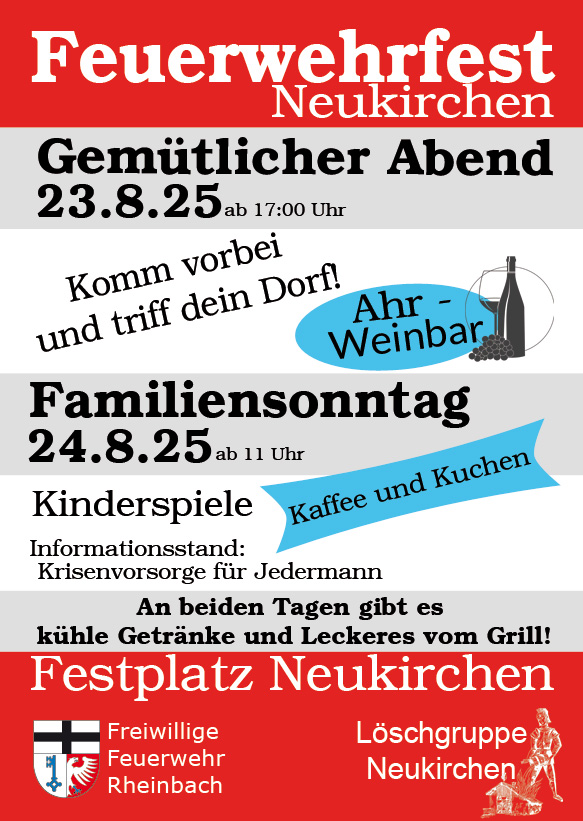 #Ankündigung | Am Samstag, dem 23. August sowie am Sonntag, dem 24. August 2025 findet das diesjährige #Feuerwehrfest der Löschgruppe #Neukirchen auf dem Festplatz in Neukirchen statt.
feuerwehr-rheinbach.de/fw/meldungen/d…