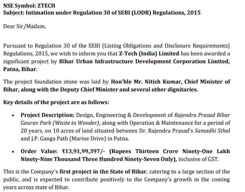 KrijunaResearch's tweet image. #ztech won its first order in Bihar.

Results are good but expections are very high with this stock.