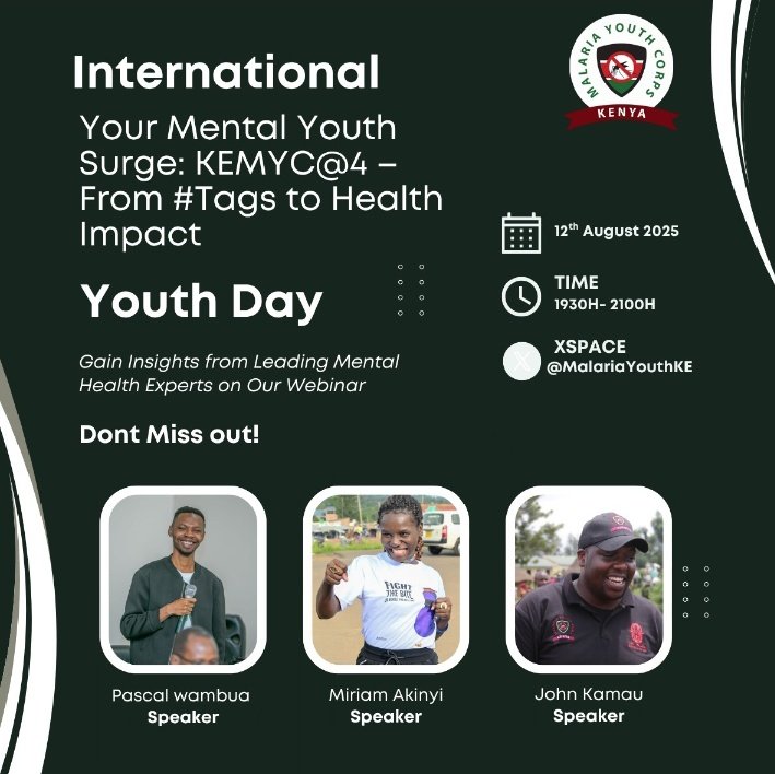 The future of health is being shaped right now—and the young voices leading it are ready to spark bold, game-changing conversations this international youth day. It’s where fresh ideas turn into real action. 🗓 Tuesday , Aug 12 | ⏰ 7:30–9:00 PM | 📍XSpace <a href="/MalariaYouthKE/">Kenya Malaria Youth Corps</a>.