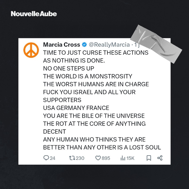nouvelleaubefr's tweet photo. L’actrice américaine, Marcia Cross, a fustigé l’inaction mondiale face à la situation à Gaza, décrivant un monde "dirigé par les pires êtres humains" et accusant Israël et ses alliés de détruire ce qui reste de décent.