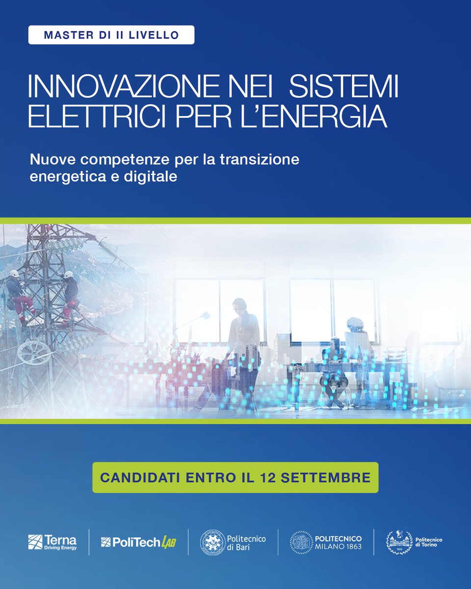 TernaSpA (@ternaspa) on Twitter photo #Terna, in collaborazione con il <a href="/PolibaOfficial/">Politecnico di Bari</a>, il <a href="/polimi/">Politecnico di Milano</a> e il <a href="/PoliTOnews/">Politecnico di Torino</a> ha lanciato il Master di II livello in "Innovazione nei sistemi elettrici per l’energia" nell'ambito del #PoliTechLab, la nuova Rete politecnica di alta competenza.
Il percorso di studi punta a formare #Terna, in collaborazione con il <a href="/PolibaOfficial/">Politecnico di Bari</a>, il <a href="/polimi/">Politecnico di Milano</a> e il <a href="/PoliTOnews/">Politecnico di Torino</a> ha lanciato il Master di II livello in "Innovazione nei sistemi elettrici per l’energia" nell'ambito del #PoliTechLab, la nuova Rete politecnica di alta competenza.
Il percorso di studi punta a formare