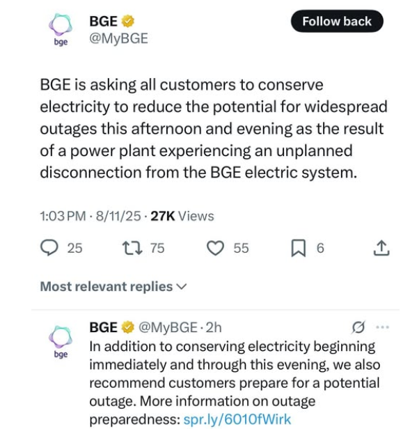 Marylanders' power bills increased by 40% this summer. Now we are warned of  blackouts.  This is a purely political problem created by Maryland's  Democrats shutting down 7 power plants. We humans have no problems figuring out how to generate power in 2025.