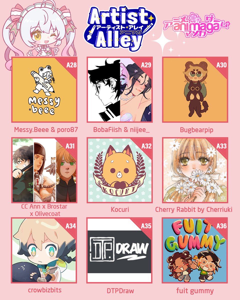 A28–A36 Artist Alley magic at Animaga 2025! messy.beee, poro87, @bobafiish, <a href="/niijee_/">Jenny</a>, <a href="/bugbearpip/">pip 🌱</a> <a href="/ccanngreen/">CC Ann 🟩 webcomic grind</a>, brostarart, <a href="/olivecoat/">Olivecoat</a>, kocuri, <a href="/cherriuki/">Cherri ✶</a>  <a href="/crowbizbits_/">crow</a> , dtpdraw, fuit.gummy, meet them this Aug 23–24 in Melbourne!