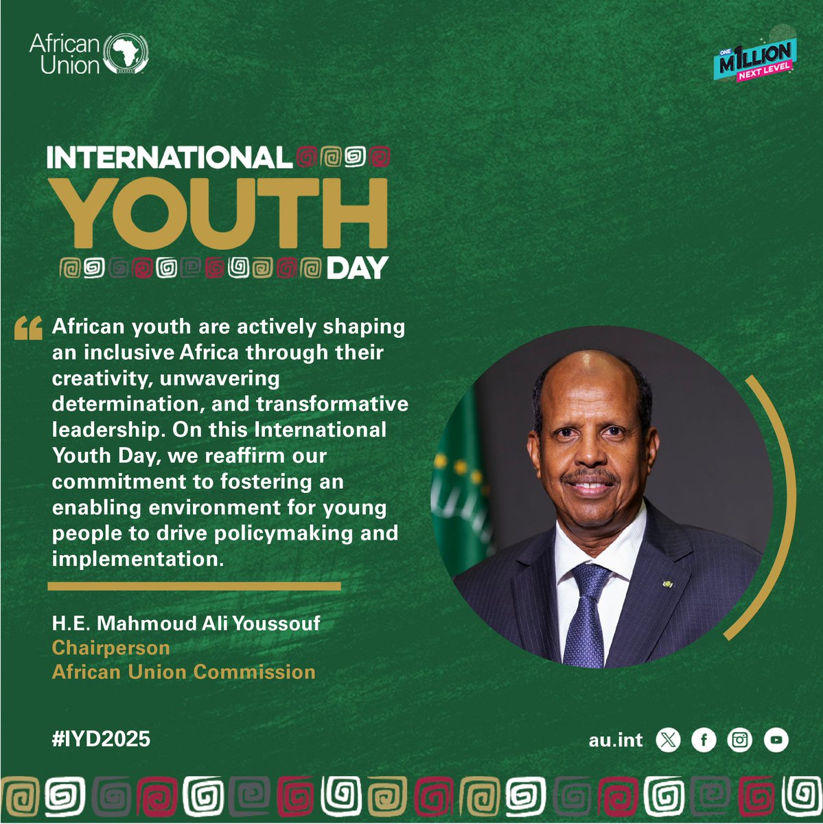 African Union Youth Program (@auyouthprogram) on Twitter photo On this #IYD2025, we reaffirm our commitment to fostering an enabling environment for young people to drive policymaking and implementation. ~ H.E. <a href="/ymahmoudali/">Mahmoud Ali youssouf</a>, Chairperson of the <a href="/_AfricanUnion/">African Union</a> in celebration of #IYD2025
#1mNextLevel #Agenda2063 #Youth4SDGs On this #IYD2025, we reaffirm our commitment to fostering an enabling environment for young people to drive policymaking and implementation. ~ H.E. <a href="/ymahmoudali/">Mahmoud Ali youssouf</a>, Chairperson of the <a href="/_AfricanUnion/">African Union</a> in celebration of #IYD2025
#1mNextLevel #Agenda2063 #Youth4SDGs